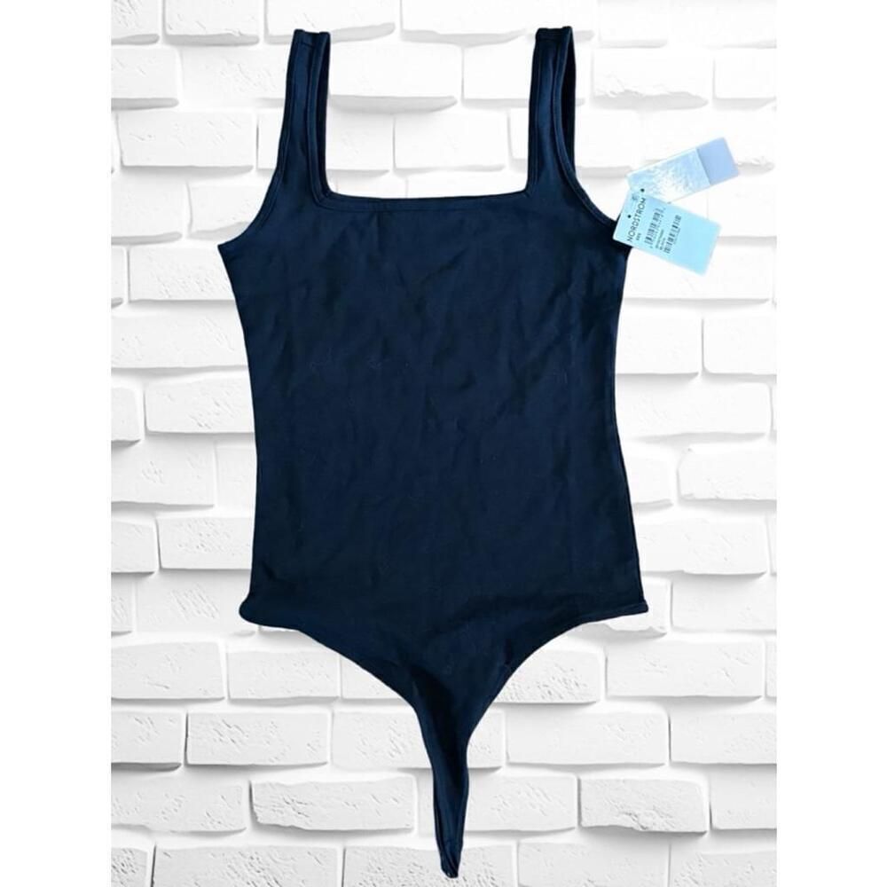 Nordstrom BP Women’s XXS Square Neck Solid Black Bodysuit • Thong Style Tank NWT
